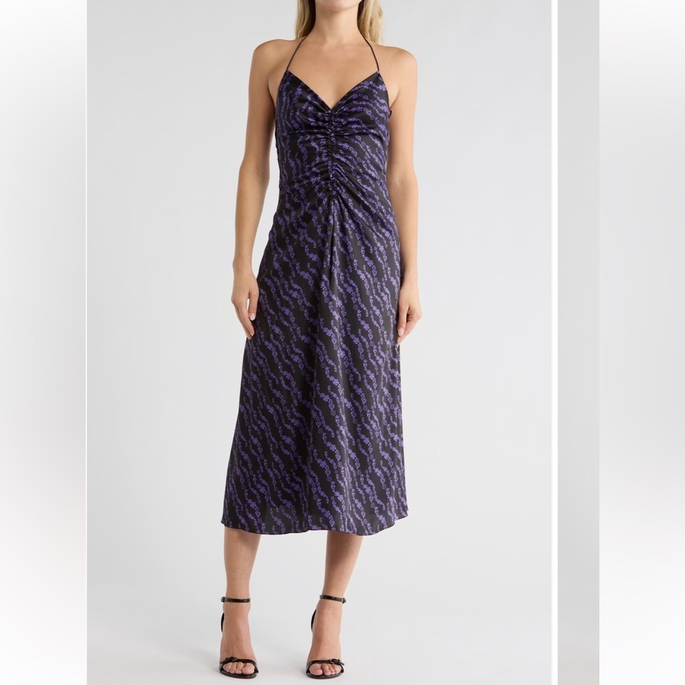 SANDRO
Thais Ruched Crossback
A-Line Midi Dress  in Black/Purple